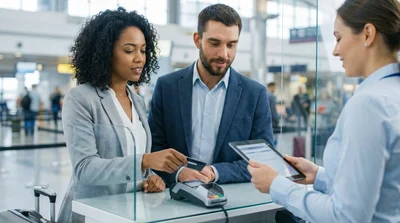 Close up of a person holding a credit card at a car rental desk in New York