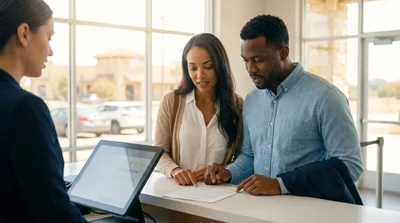 Customer reviewing documents with an agent at a car rental desk in Texas