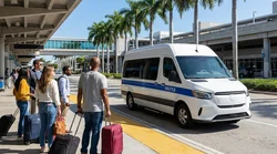 White Hola Car Rentals shuttle bus picking up car hire passengers outside a terminal at Miami Airport