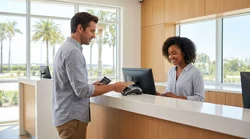 Customer handing a credit card to an agent at a Florida car hire counter