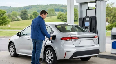 Person filling up a car rental at a gas station pump in Pennsylvania