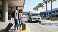 Passengers with luggage boarding a car hire shuttle bus outside a Los Angeles airport terminal