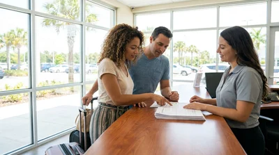 Person reviewing car rental paperwork on the hood of a car in a sunny Florida parking lot