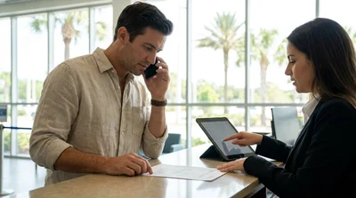 Two people receiving vehicle keys from an agent at an Orlando car rental counter