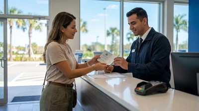 Traveler showing an emergency travel document at an Orlando car rental desk