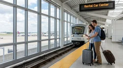 White AirTrain arriving at an elevated airport station near a New York car rental facility
