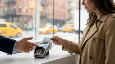 Person holding a credit card over a payment terminal at a car hire desk in New York