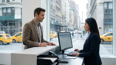 Customer receiving keys from an agent at a car rental counter in New York