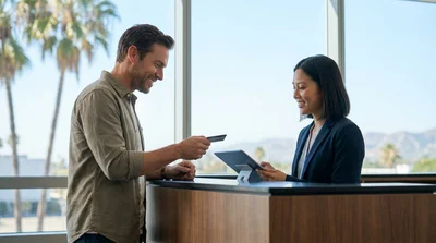 Traveler handing a credit card to an agent at a California car rental desk