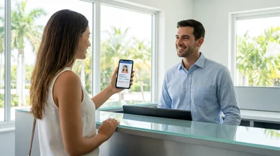 Person holding a smartphone displaying a digital license at a car rental desk in Florida