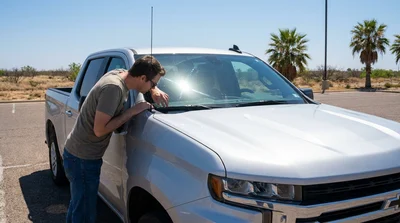 Driver inspecting the windscreen wipers of a car rental parked along a sunny Texas highway