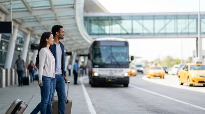 Travelers loading luggage into a car rental vehicle outside LaGuardia Airport in New York