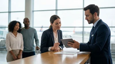 Traveler reviewing a car rental contract next to a parked vehicle at a New York airport