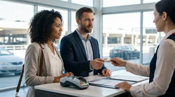 Customer handing a credit card to an agent at a car hire desk in the United States