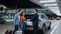 Traveler receiving keys at a brightly lit car rental counter late at night in Los Angeles
