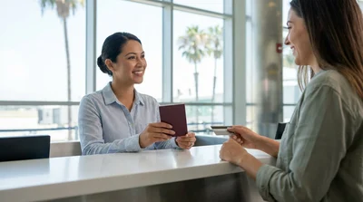 Person handing a passport to an agent at a California car hire counter