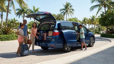 Five people loading luggage into a spacious car rental parked on a sunny street in Miami