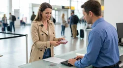Customer handing a passport and driving license to an agent at a car rental counter in the United States