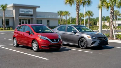 Compact and intermediate car rental vehicles parked side by side under sunny palm trees in Florida