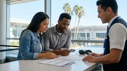 A customer signing car rental paperwork at a service desk in California