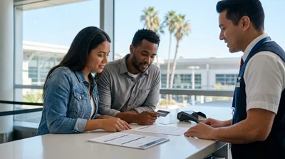 A customer signing car rental paperwork at a service desk in California