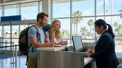 A smiling customer receiving keys at a car hire desk in sunny California