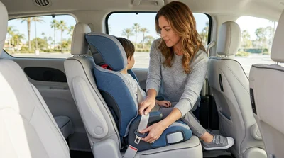 Parent buckling a young child into a booster seat inside a car rental in Florida