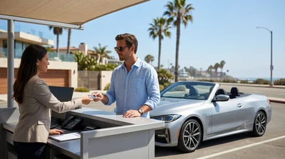 White convertible car rental parked on a sunny palm-lined street in Los Angeles
