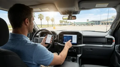 Driver touching a smartphone near the digital dashboard of a car rental in Texas