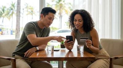 Close-up of a customer handing a credit card to an agent at a bright Miami car hire desk