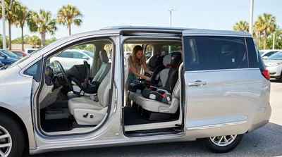 Father buckling a smiling toddler into a safety seat inside a car rental in Florida