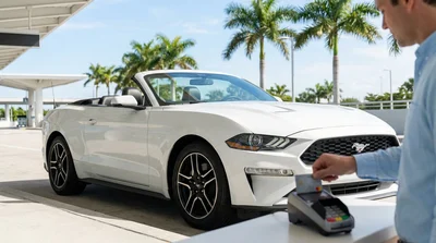 Person handing a credit card to a counter agent at a Florida car rental desk