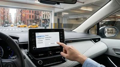 Driver tapping a dashboard touchscreen inside a car rental parked on a busy New York street