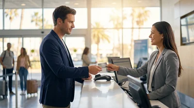 Customer handing a physical credit card to an agent at a car hire counter in Los Angeles