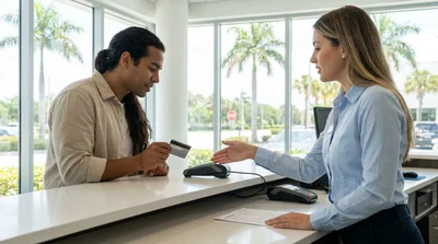 Customer handing a credit card to an agent at a car hire counter in Florida