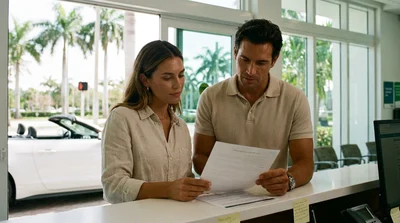 Person reading a car rental agreement next to a parked convertible on a sunny palm-lined street in Miami
