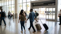 Travelers with luggage walking toward a car rental shuttle bus outside Las Vegas Airport Terminal 3