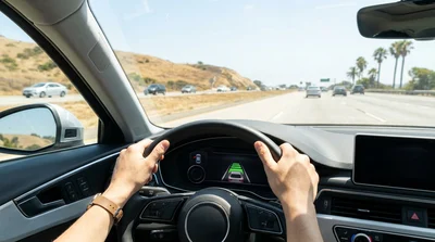 A modern car rental driving along a scenic coastal highway in California with ocean views