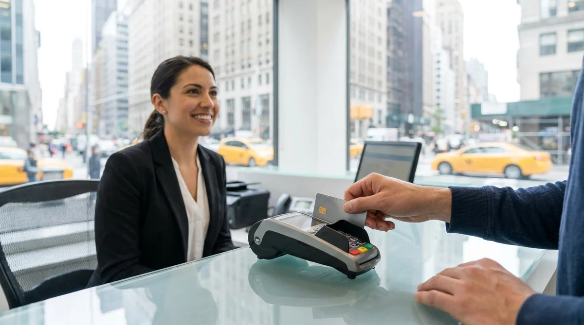 Customer handing a credit card to an agent at a car hire counter in New York