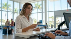 A person handing a driving licence to an agent at a car hire counter in Florida