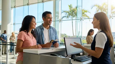 Customer showing their ID to an agent at a car rental desk in Florida