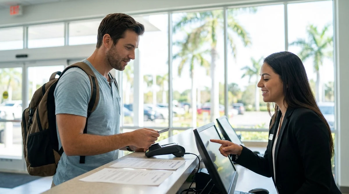 Close-up of a person holding a credit card and keys at a car rental counter in Florida