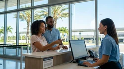 Close up of hands passing a credit card across a car hire counter in Florida