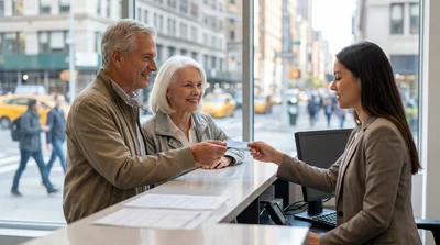 Smiling senior driver navigating a car rental through New York streets
