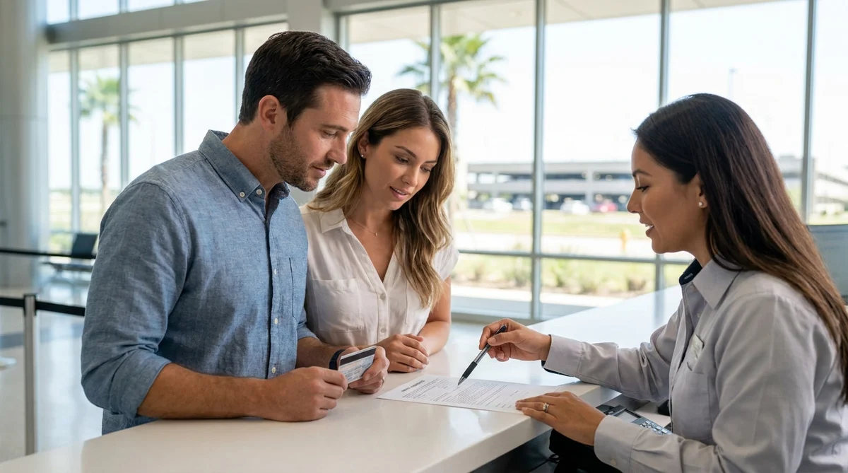 Customer receiving keys from an agent at a car rental desk in Texas