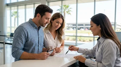 Customer receiving keys from an agent at a car rental desk in Texas
