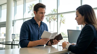 Traveler presenting a driving permit to an agent at a car rental desk in California