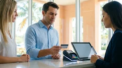 Close-up of a customer handing a credit card to a car hire agent at a desk in Miami