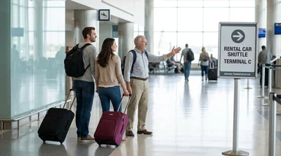Travelers with luggage boarding a car rental shuttle bus parked outside a New York airport terminal
