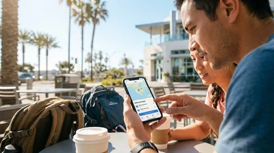 Person checking a smartphone map while sitting inside a car rental parked on a sunny California street